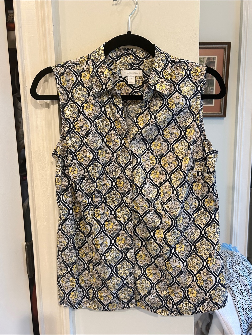 Charter Club Navy Floral Button-Up with Yellow & Cream Flowers